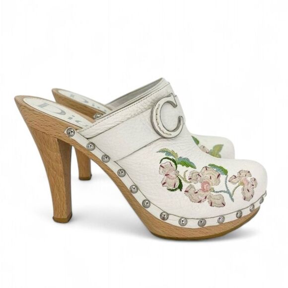 Rare Vintage DIOR by John Galliano White Embroidered Floral Print Clogs … - Picture 3 of 14